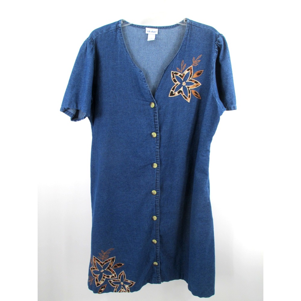 VICKI WAYNE Women XL Blue Denim Floral Button-Up Midi Smock Dress Vintage 90s